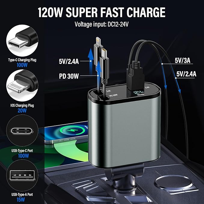 100W Digital Display Retractable Car Charger