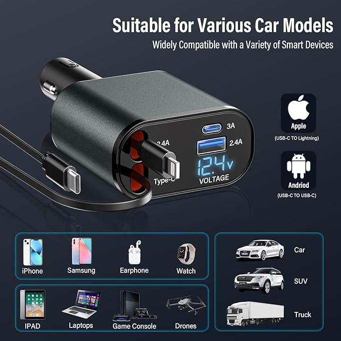 100W Digital Display Retractable Car Charger