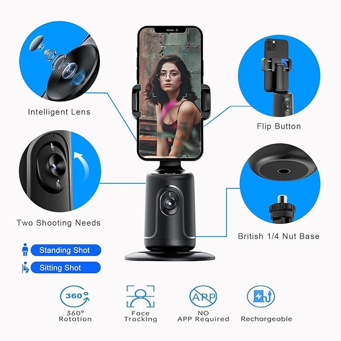 360 Rotation Auto Face Tracking AI Camera Phone Holder