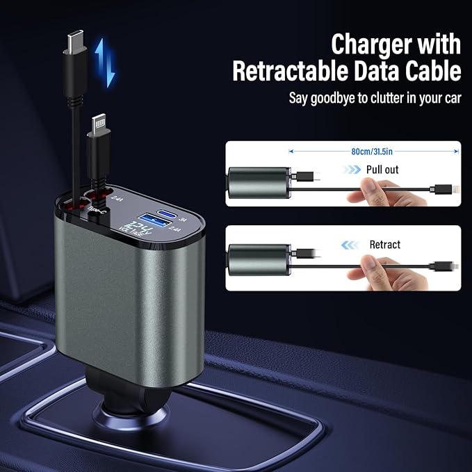 100W Digital Display Retractable Car Charger