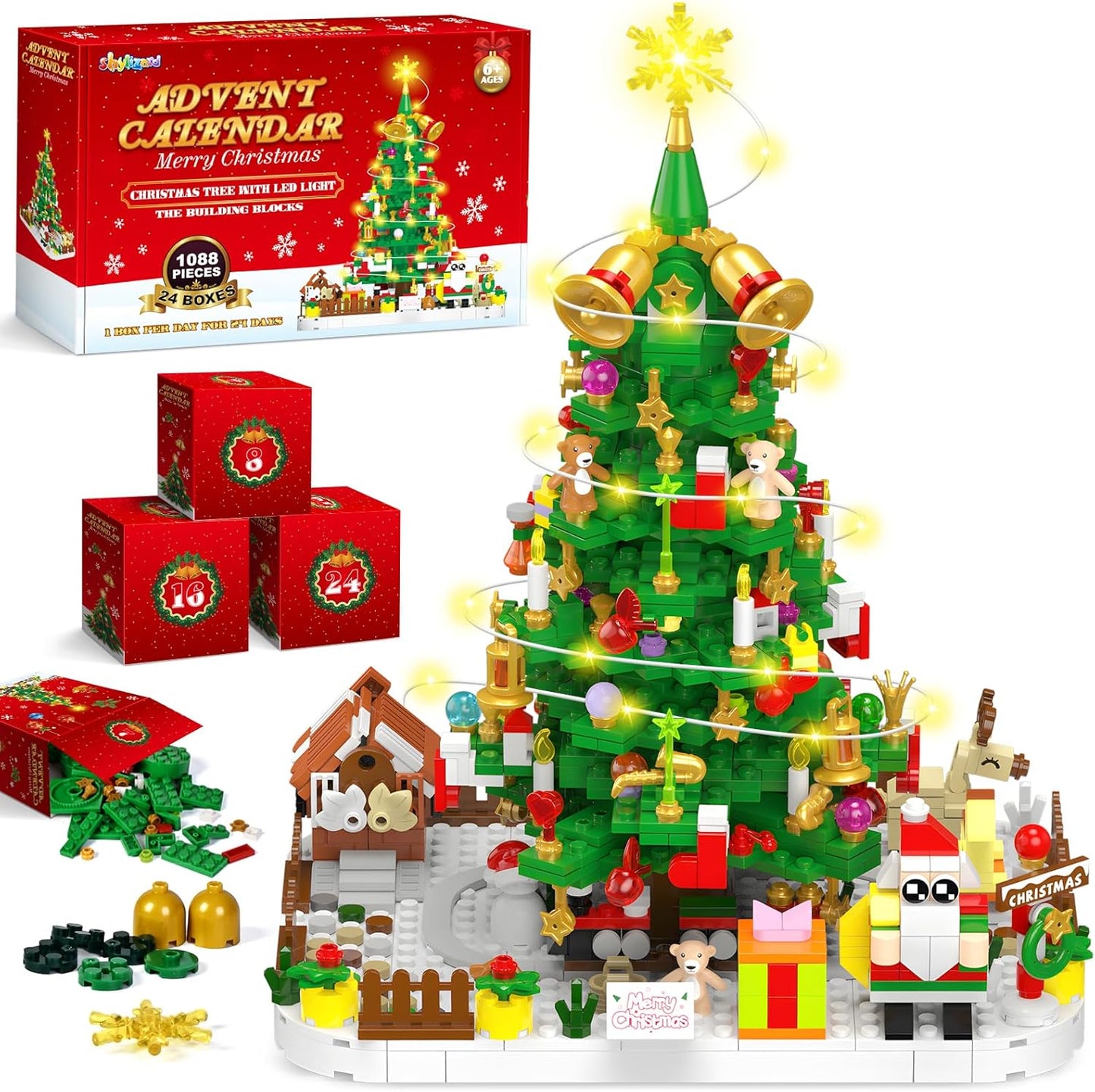 Advent Calendar Christmas Tree Building Kit with Led Light - Ideal Xmas Gift Toy