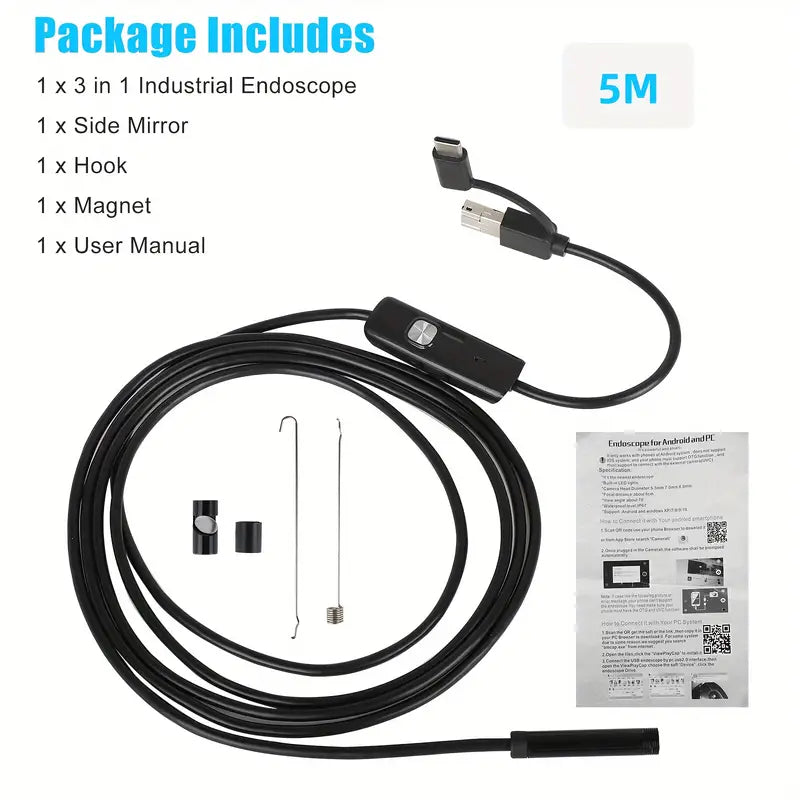 3 In 1 Waterproof Endoscope Camera With Adjustable LED Lights